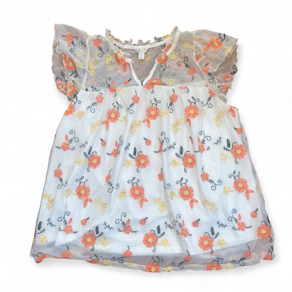 Cato Women's White and Orange Embroidered Floral Babydoll Blouse SZ XL